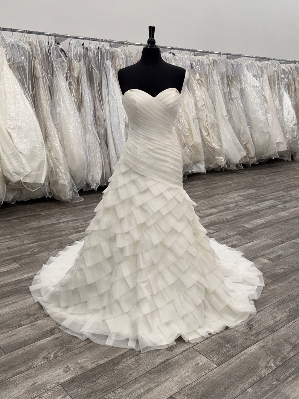 Sincerity Bridal Strapless Sweetheart Tiered Ruffled Gown in ivory